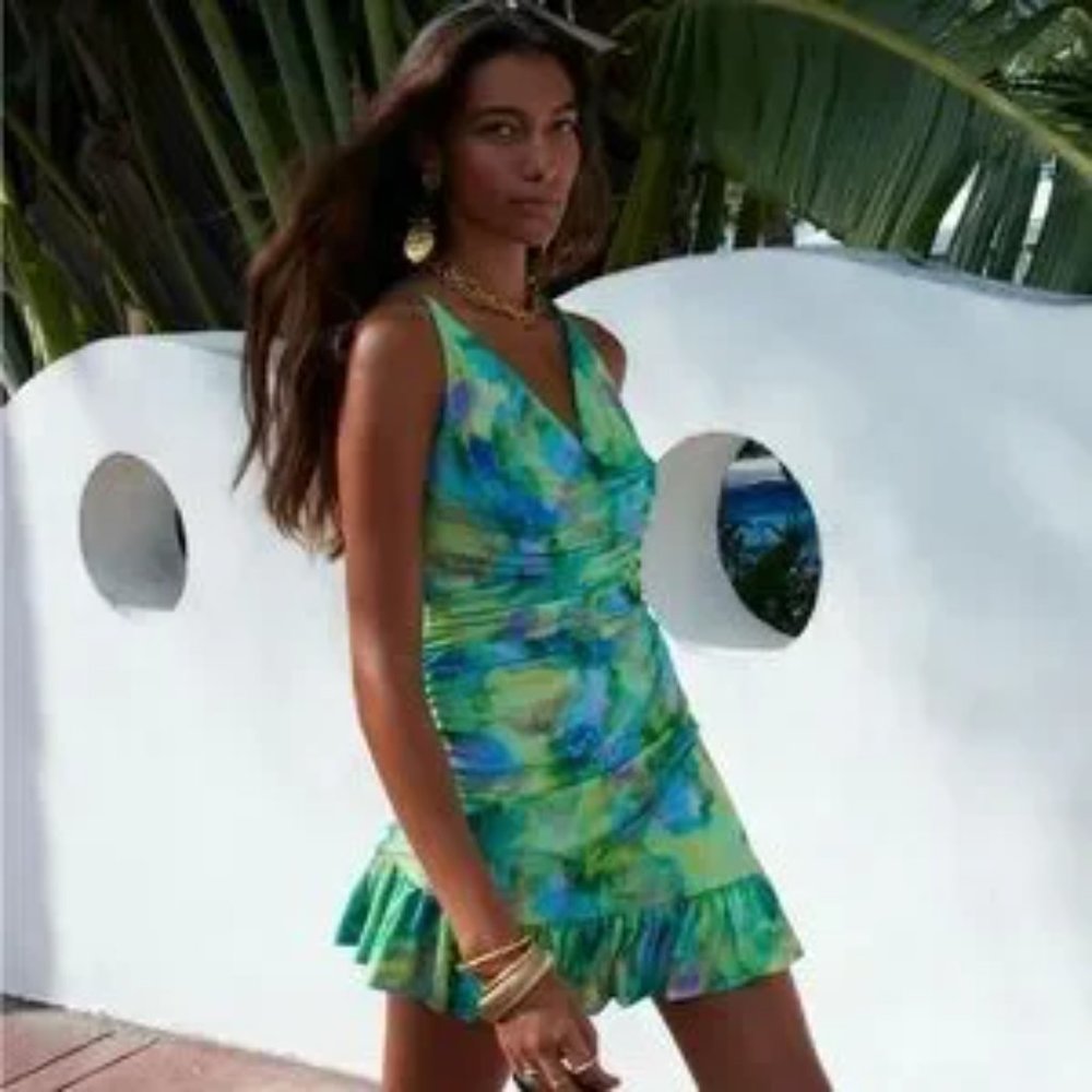 For Love & Lemons Aster Green Floral Cascade Mini Dress NWT - Picture 9 of 9